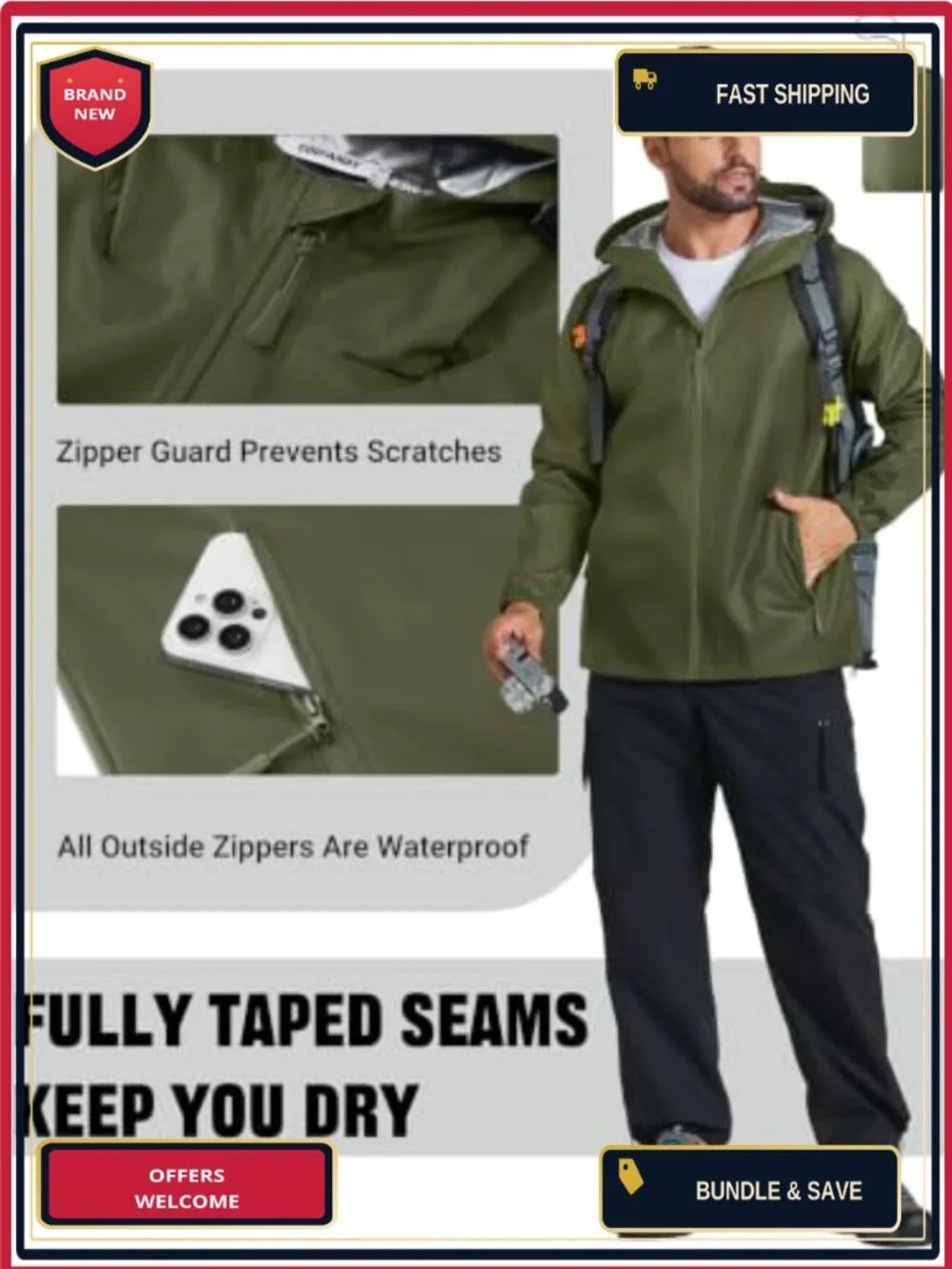 Men's Waterproof Rain Jacket Hooded Packable Windbreaker Lightweight Outdoor